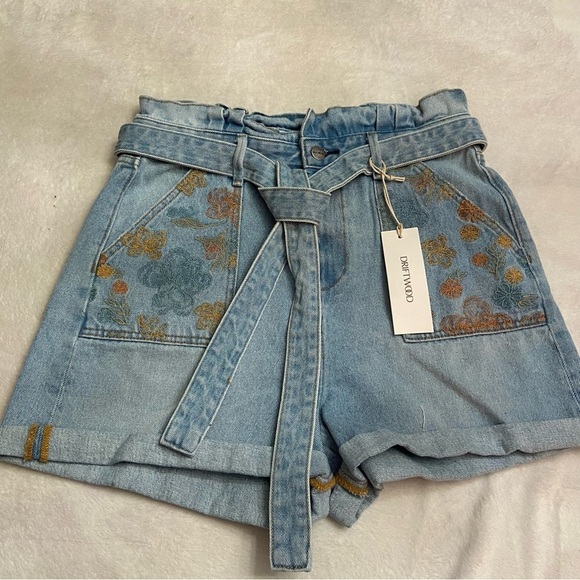 New! Driftwood paperbag embroidered high waisted rise jean shorts 28445 - Picture 4 of 10